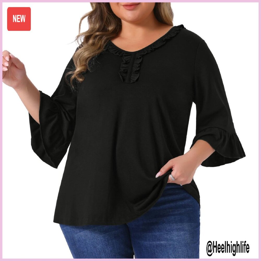 Plus Size Ruffle Blouse 3/4 Sleeve V Neck Tunic Top Business Casual